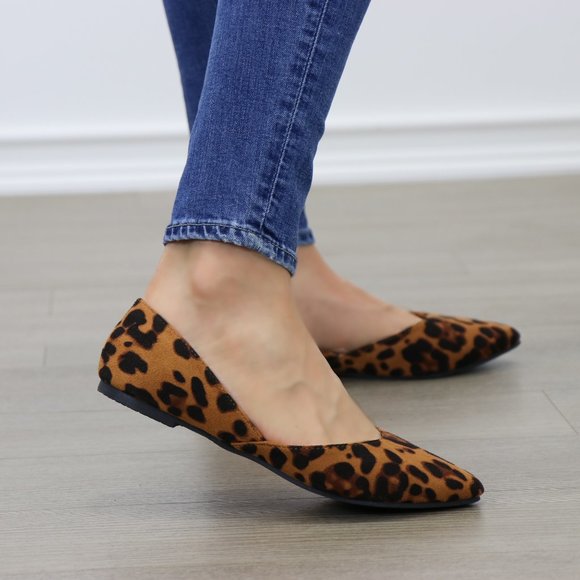 Shoes - Leopard Print Vegan Suede Slip On Flats